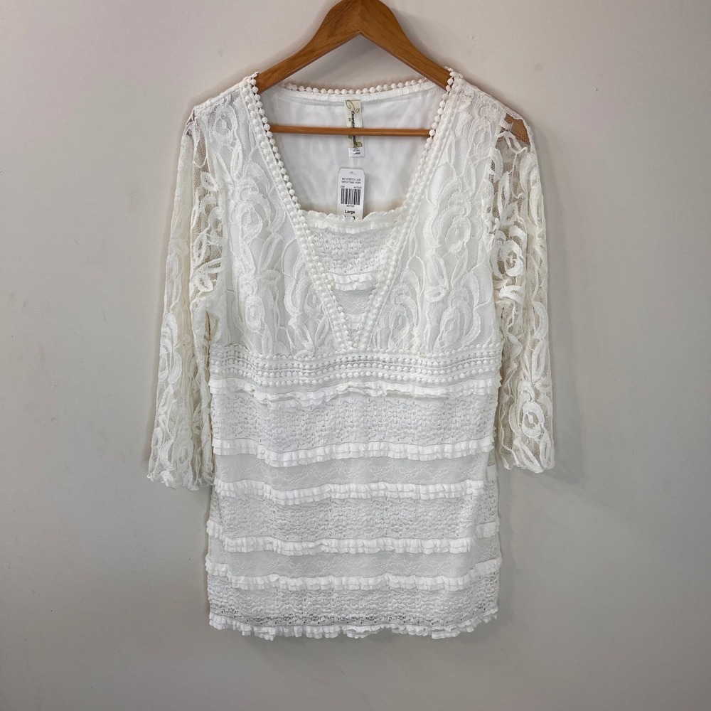 Decorated Originals Ivory Stretch Lace Tiered Ruffle Tunic Square Neck Large NEW